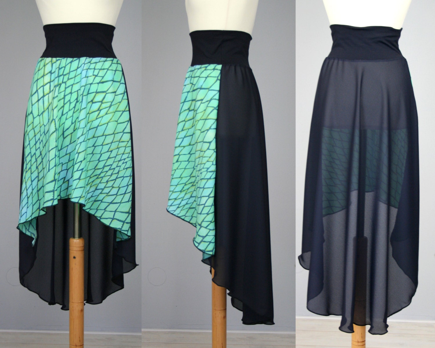MERMAID hi lo chiffon skirt, aqua blue and black, circle skirt, high low skirt, fishtail skirt, high waist skirt