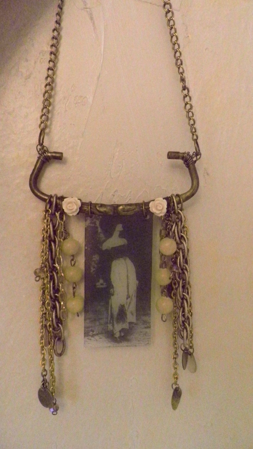 Assemblage drawer pull with high fashion woman,vintage beads and chains neo victorian