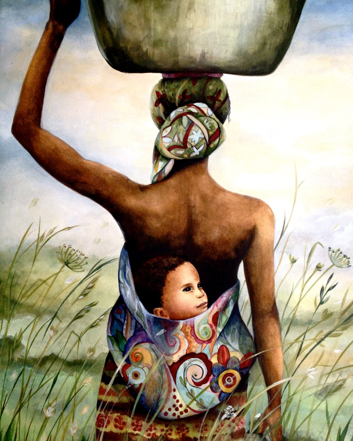 mother and child in field art print - PrintIllustrations