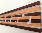 Coat Rack Wall Hanging  6 Double Hook Wood & Metal Modern Oak and Espresso Finish