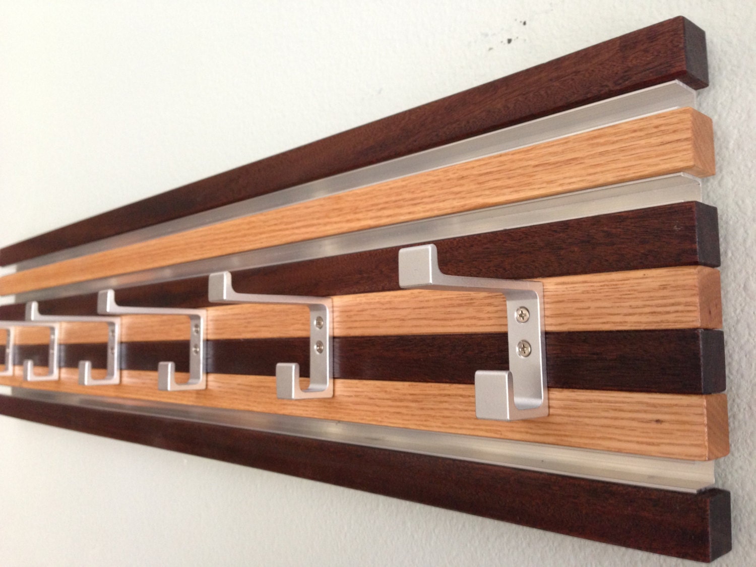 Coat Rack Wall Hanging 6 Double Hook Wood & Metal Modern Oak and Espresso Finish