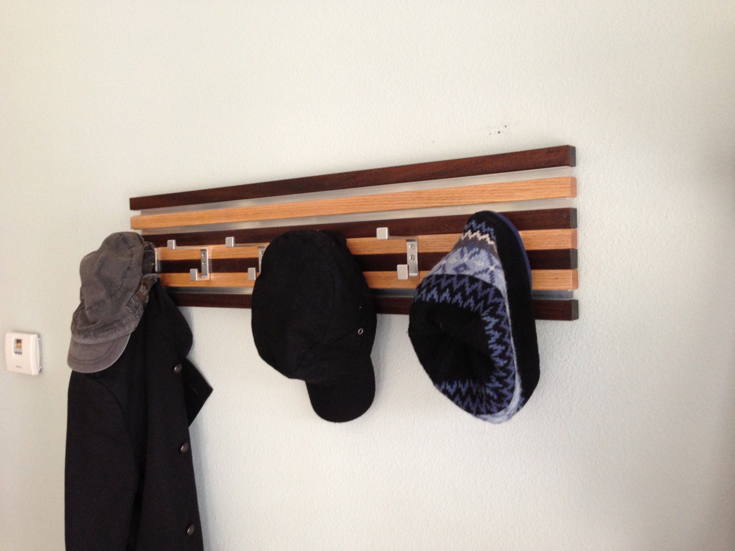 Coat Rack Wall Hanging 6 Double Hook Wood & Metal Modern Oak and Espresso Finish