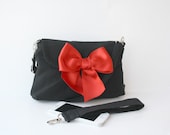 Black Small Messenger and Wristlet Clutch With Red Satin Ribbon bow Zipper Closure