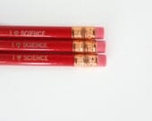 i love science engraved pencil set of 3 in red. heart love. love heart.