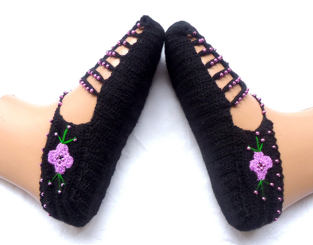Valentine's Day Black Beaded  Turkish Crochet Slippers,Handmade Womens Slippers Socks, Ethnic, Traditional Clothes, Adult Slippers.