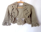 S M  Crochet and Knit Shrug Bolero Half Sleeve Brown Bridal Shrug Bolero Jacket Wedding Cardigan .