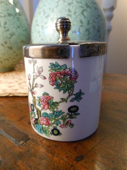 Vintage Jam Pot in Indian Tree Pattern by Delina England with Silver-Plated Brass Lid
