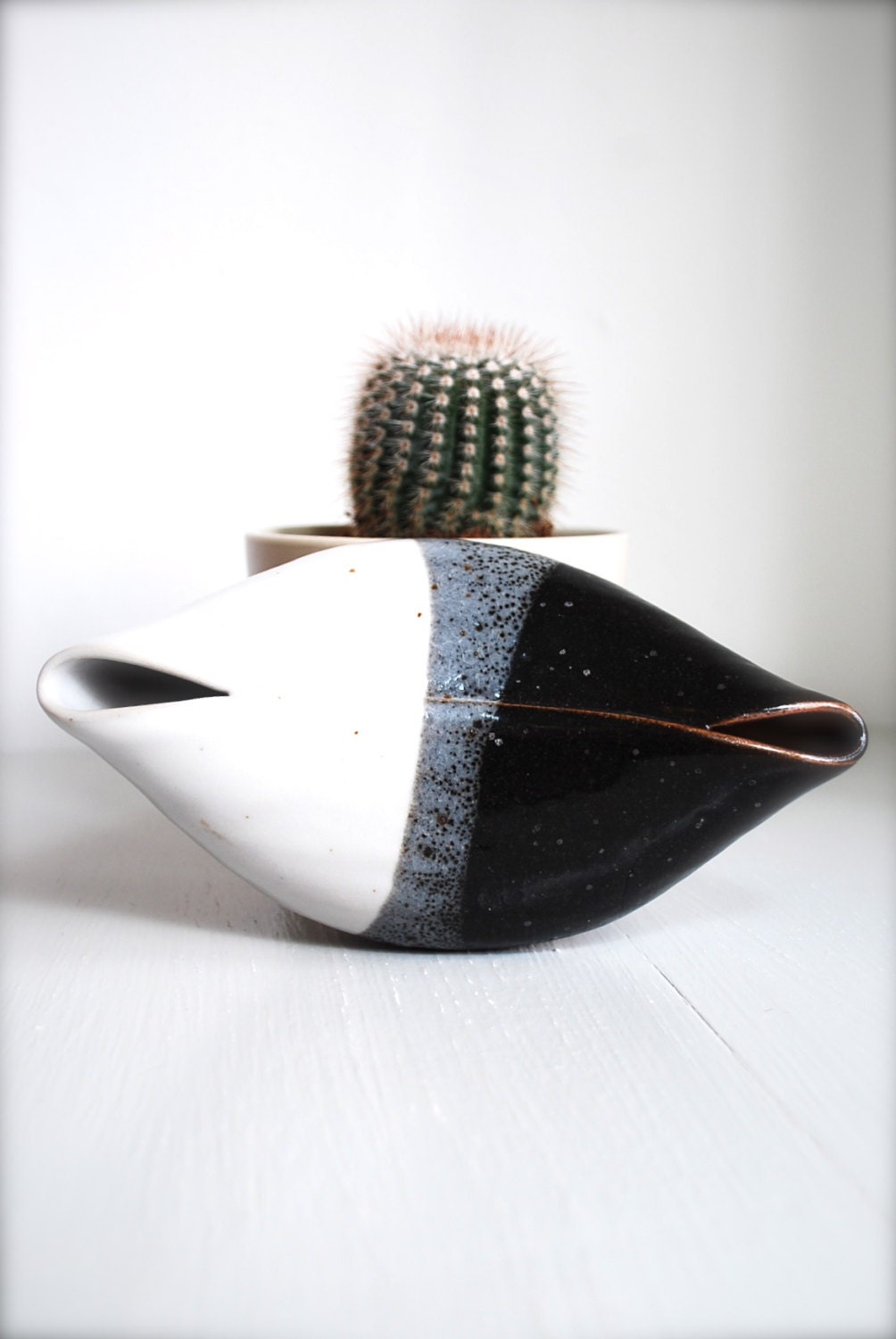 Mid Century Glazed West German Abstract Studio Pottery Sculpture Grey White Black Brown