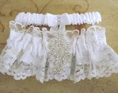 Princess White and Silver Lace Rhinestone Wedding Garter Set, Bridal Garter Set