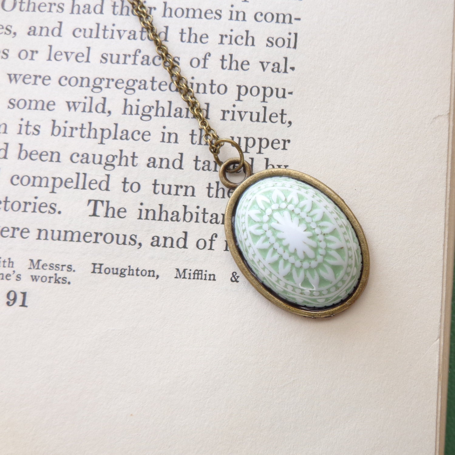 SALE.  Soft Green Etched Pendant.  Vintage Inspired Necklace.