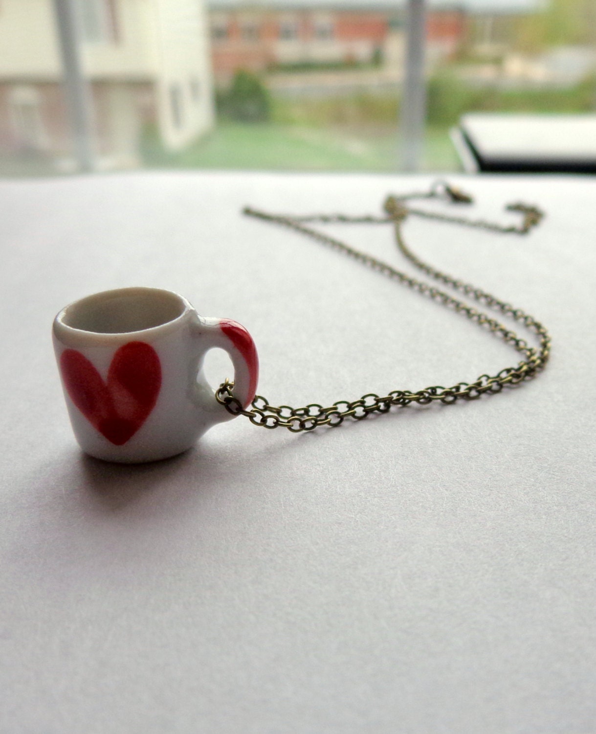 I love Coffee.  Cup of Coffee.  Brass White and Red Coffee Mug Necklace