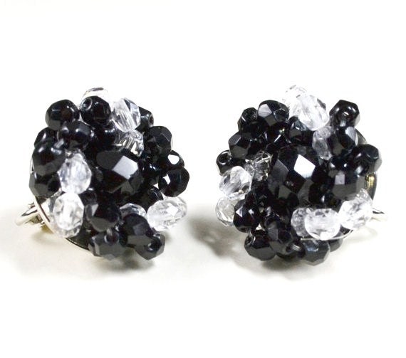 Vintage Black Glass Earrings Crystal Silver Tone Clip On