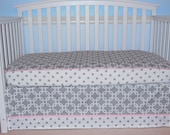 READY to ship  2 PC bedding set: Crib sheet and skirt Gray / White/ Pink trim