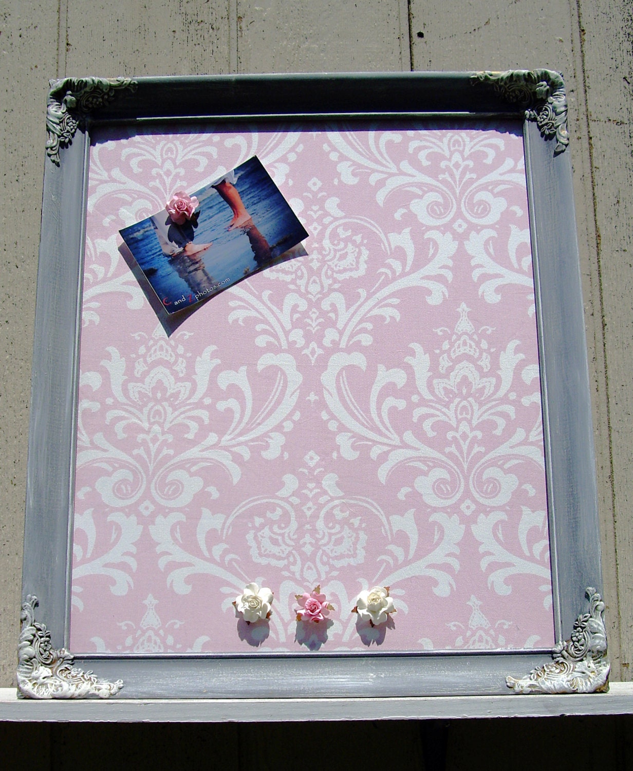 Antique Ornate Frame -Soft Gray- Magnetic Fabric  Board-Wedding Sign- Bedroom-Nursery- Shabby Chic
