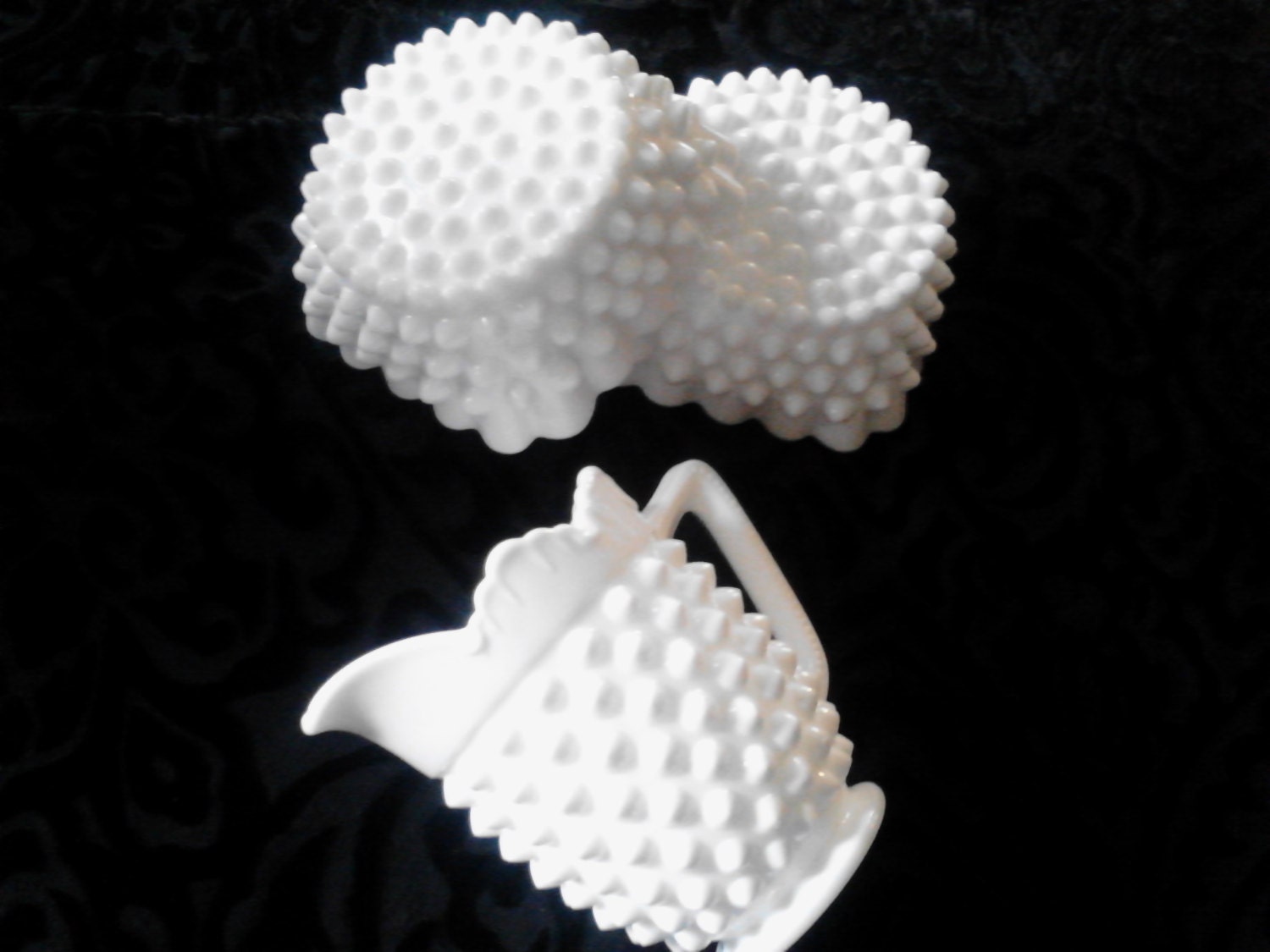 Vintage Hobnail Milk Glass Pitcher and Dish Set of Three Wedding Decor Candy Buffet