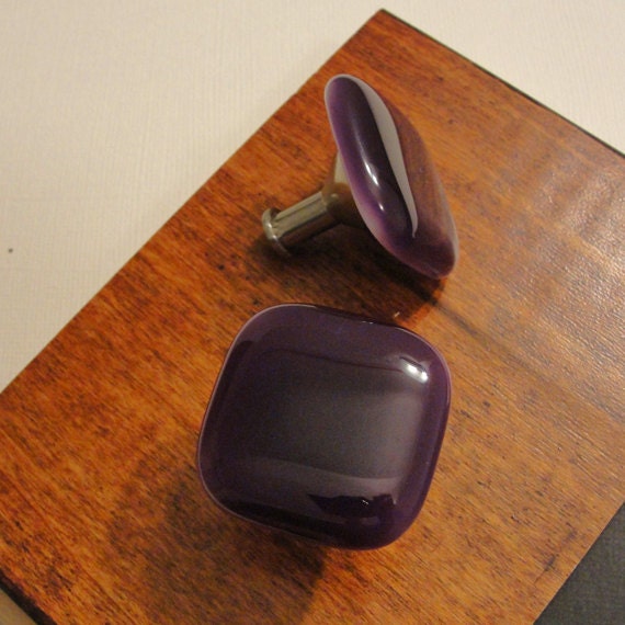 2 Fused Glass Knobs Home Decor Cabinet Pulls Purple Furniture Metal Hardware Kitchen Bathroom