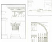 Set of 3 Andrea Palladio Architectural Drawings, Vintage Art,  1842 Lithographs 1842