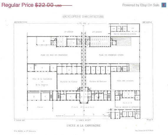 1873 Architectural Drawing  Floor Plan  High School France Steel Engraving