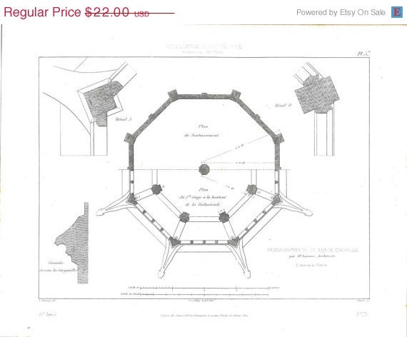 Architectural Plan Spire Sainte Chapelle  Reconstruction 1856 Engraving