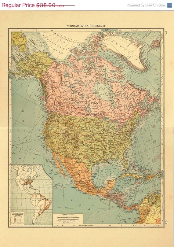 1922 Old Map of North America, Central America and the Caribbean, Lithograph, Political Division.