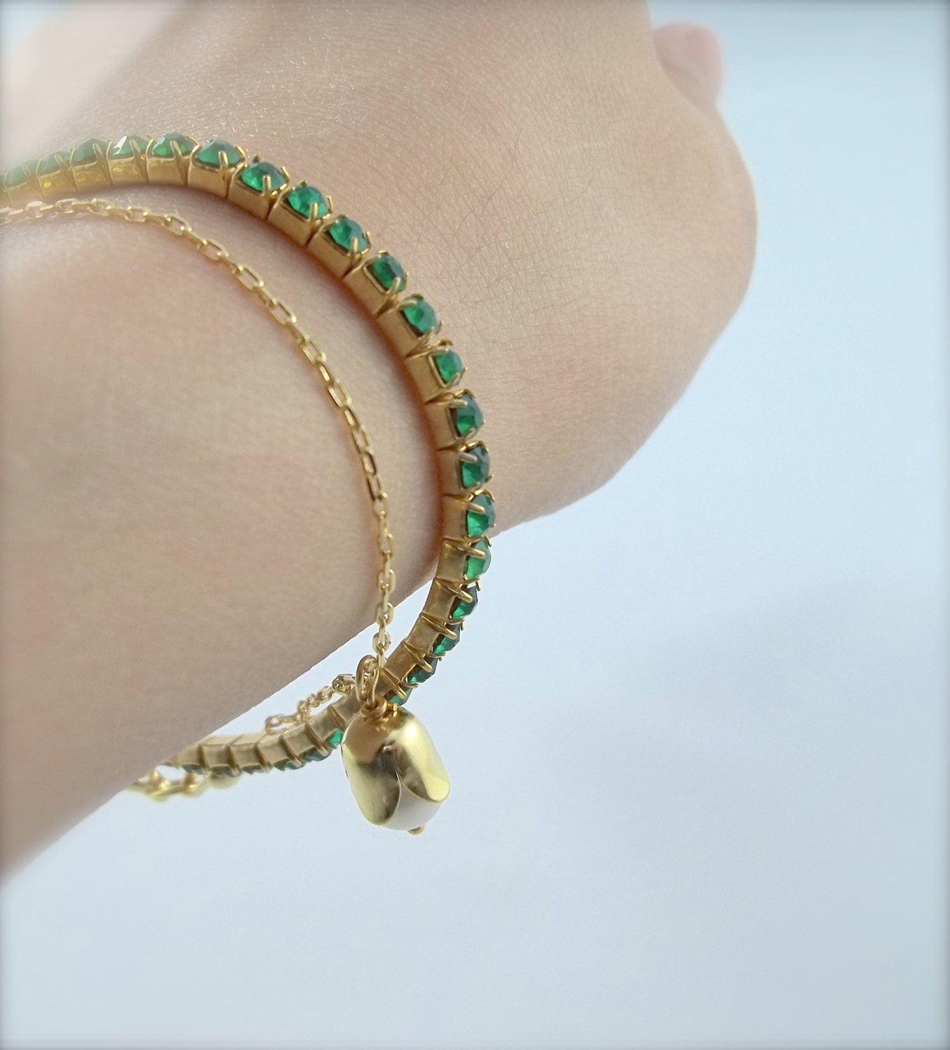 Emerald Green Bracelet - Gold Charm Bracelet - Rhinestone Bracelet