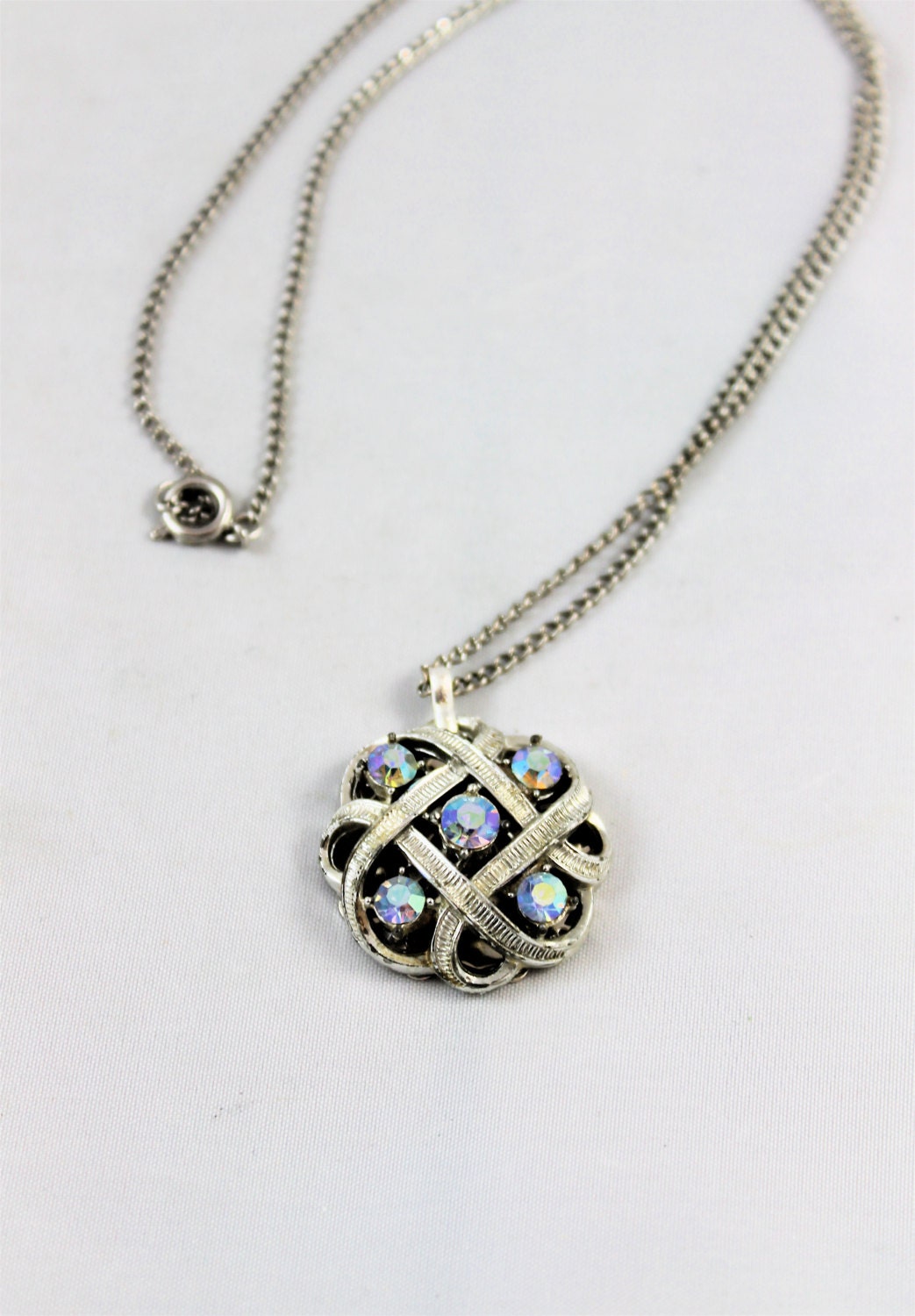 Upcycled earring necklace silver rhinestones aurora borealis blue to multi-colored  retro repurposed OOAK chunky
