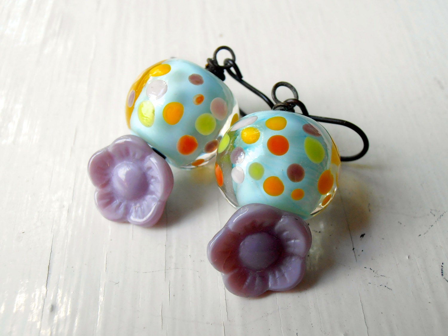 Circus Buds - handmade earrings, blue earrings, purple earrings, flower earrings, glass earrings, polka dot earrings, spotty jewellery