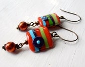 Highland Fling - handmade earrings, lampwork earrings, red earrings, stripy earrings, colourful jewelry