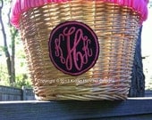 Monogrammed wicker/straw bike basket with leather straps and ruffle ribbon trim