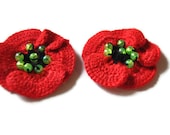 Crochet Poppies Flower Applique set of 2. Flowers for Craft and Art.Crochet Decoration. Set of 2 flowers. green. red. cotton