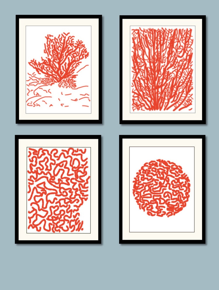Red Coral Art Prints, Blue Coral Art, Coastal Wall Decor - Beachhouse Prints, Printable Art, Nautical