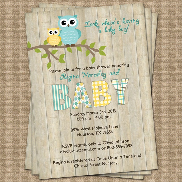 Owl baby shower invitation with wood background, blue and yellow, digital, printable file