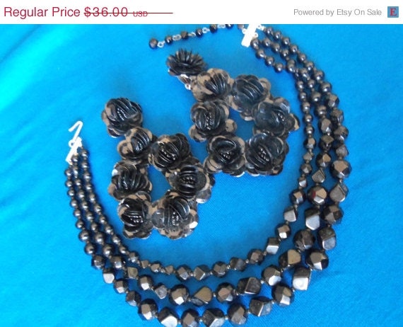 Vintage Chunky Flowered Black Earrings & Black Glass Beaded Necklaces 1960's Mad Men Mod Hollywood Regency Mid Century Modern Jewelry Lot