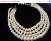 1950's Beautiful Vintage 4 Strand Faux Pearl Necklace Mad Men Mod Black Tie Formal