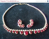 Collectible Vintage Signed Red Rhinestone Kramer Demi Parure Set Earrings & Necklace 1950's Mad Men Mod Rockabilly Jewelry
