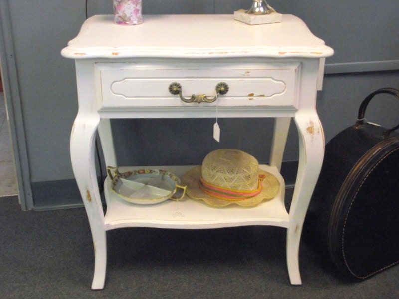Shabby Chic White Ethan Allen French Country Vintage End Table - Night Stand With Drawer - Treasury Item