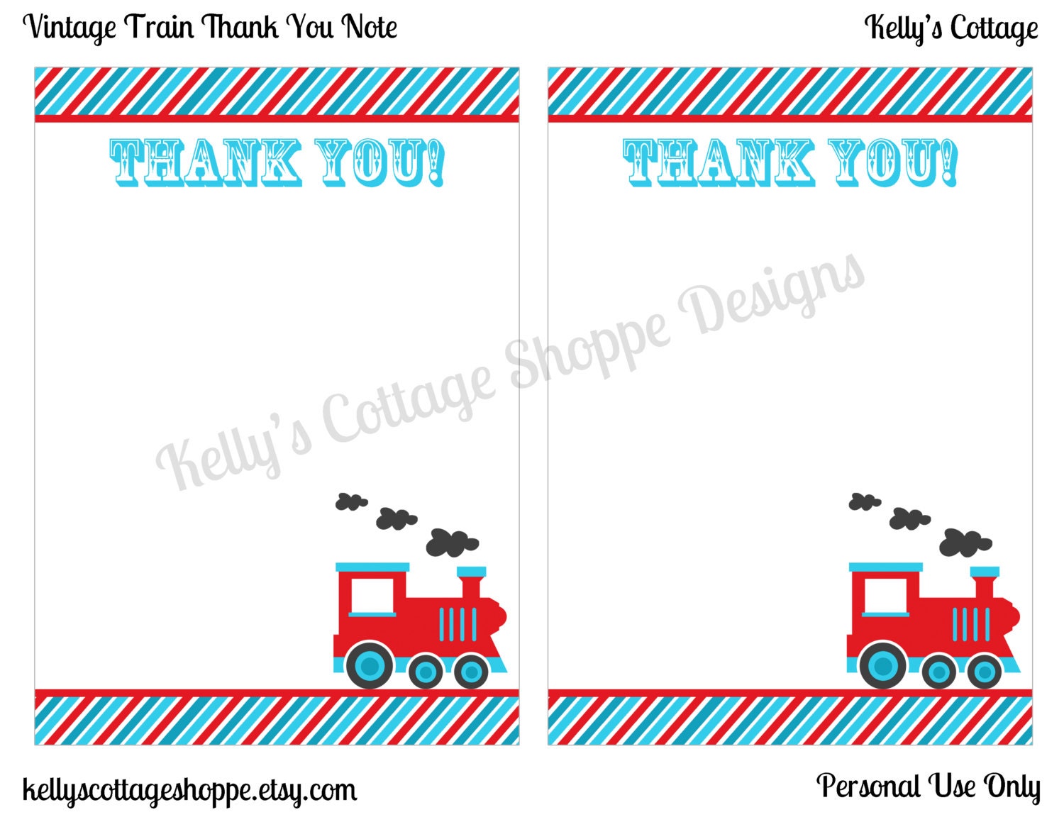 Instant Download Vintage Train Birthday Party Thank You Notes (5x7)