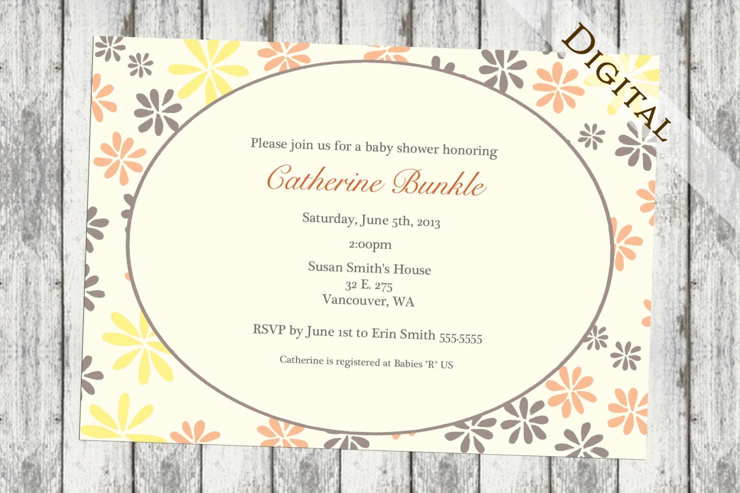 flower, baby shower invitations with flowers, digital, printable file, custom colors, bridal invite, diy, retro flowers, spring, bridal, I2