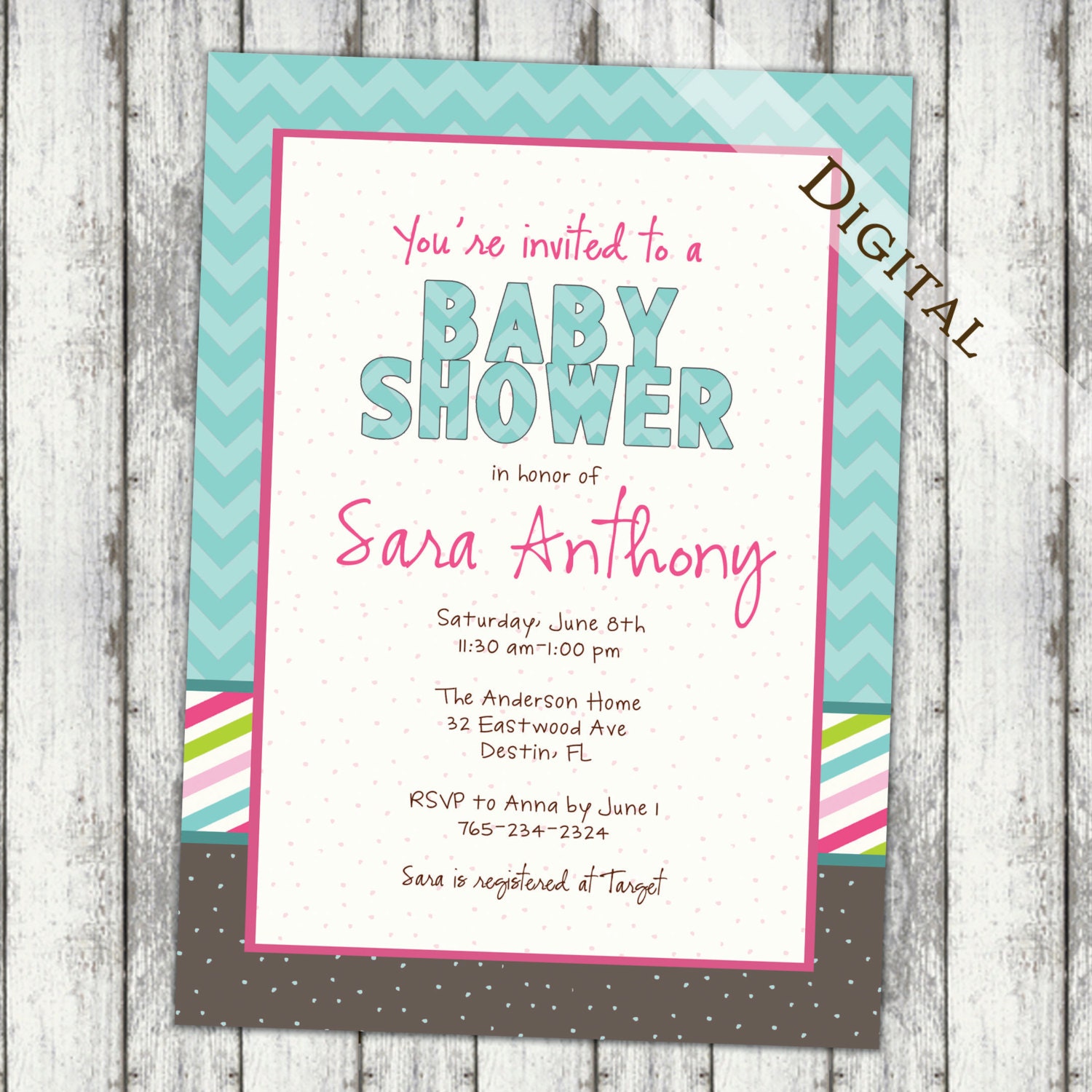 Printable Baby Shower Invitation - Aqua and pink, chevron,polka dots, gender neutral digital, printable file, diy, (item53)