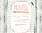 Baby shower invitation with antique flowers and mint chevron, gender neutral,coral, typography, digital file, printable (item113)