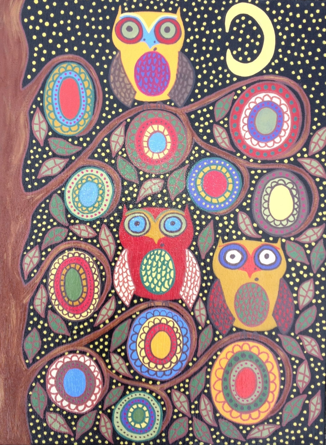 Kerri Ambrosino Original Mexican Folk Art Owls at Night