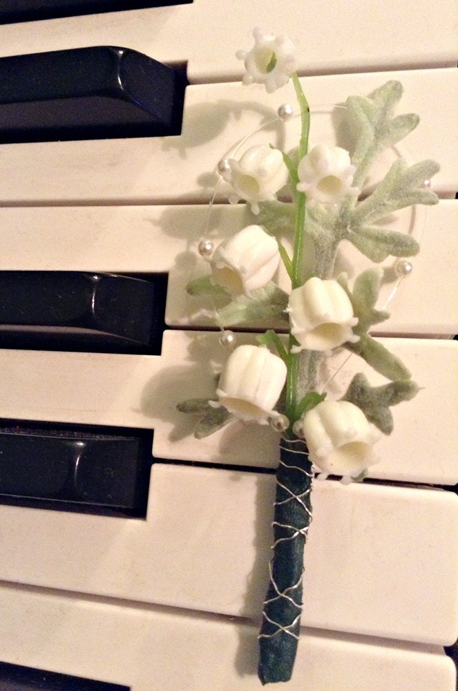 Men's Wedding Boutonniere of Faux Lily of the Valley, Dusty Miller, and pearls