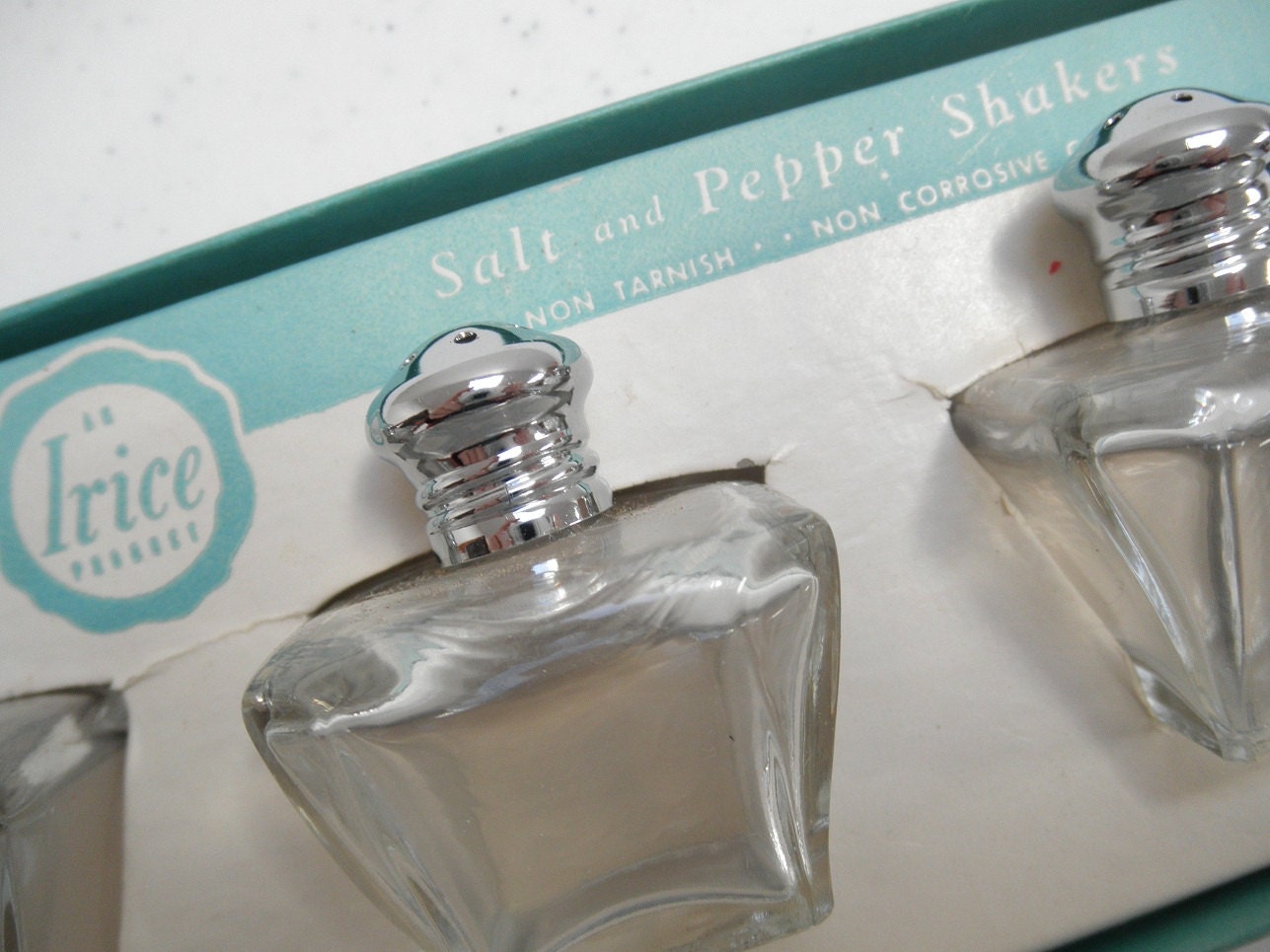 1940s Irice Salt & Pepper Shakers New in Box  - Hollywood Regency Tableware - Sparkling Crystal Petite Shakers - World War II Era