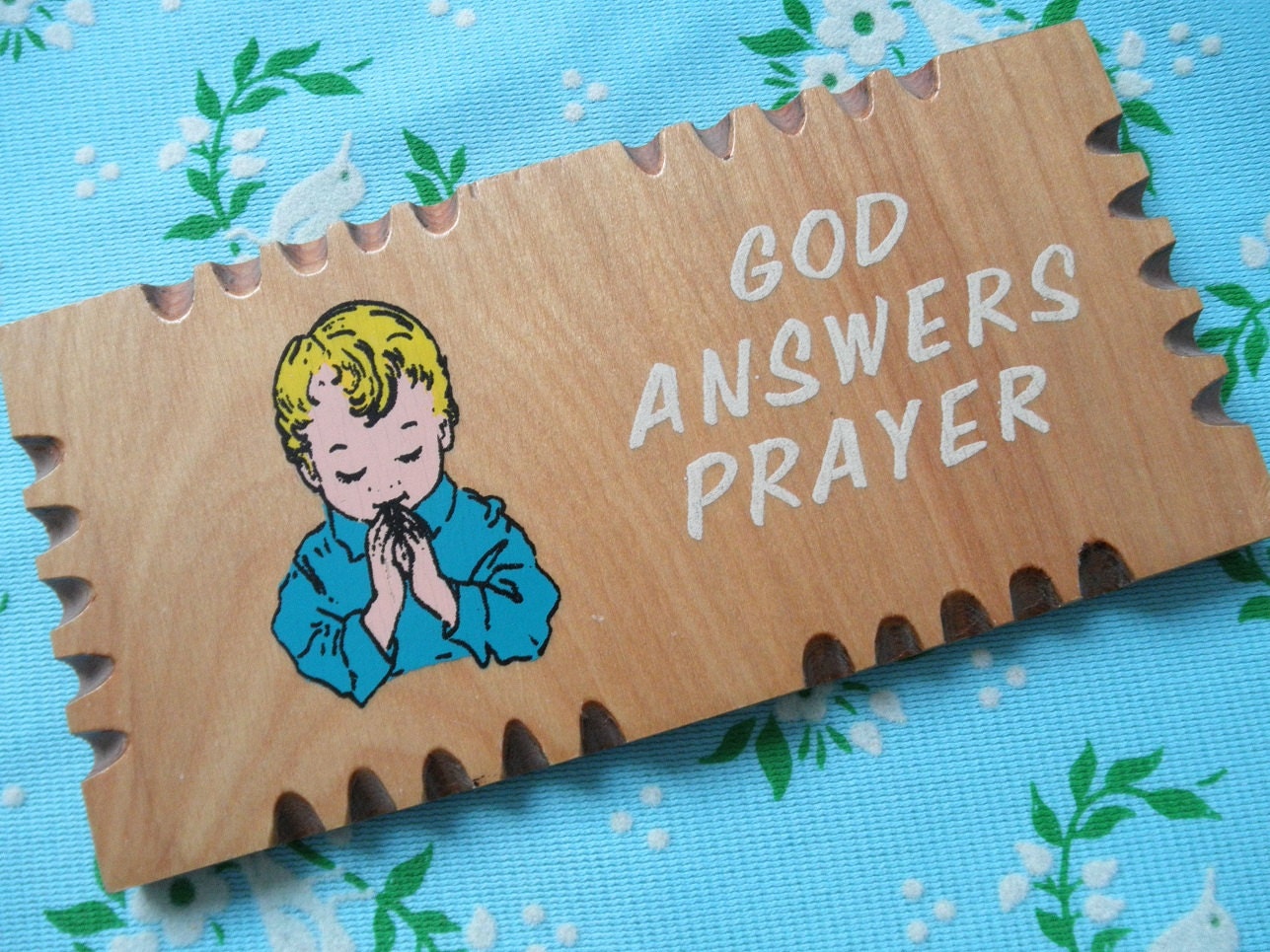 Vintage Wood Plaque - Religious Boy Praying - Blue Nursery - Cottage Chic Decor - Praying Hands - 60s Wall Hanging