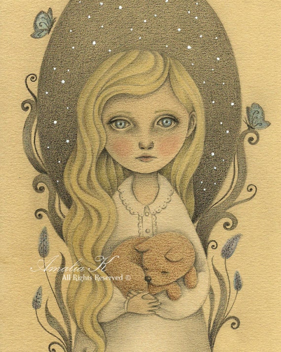 Print of Original Pencil Drawing, Whimsical girl Illustration, Nursery Decor, Children's Room Wall Art - Stay With Me Tonight