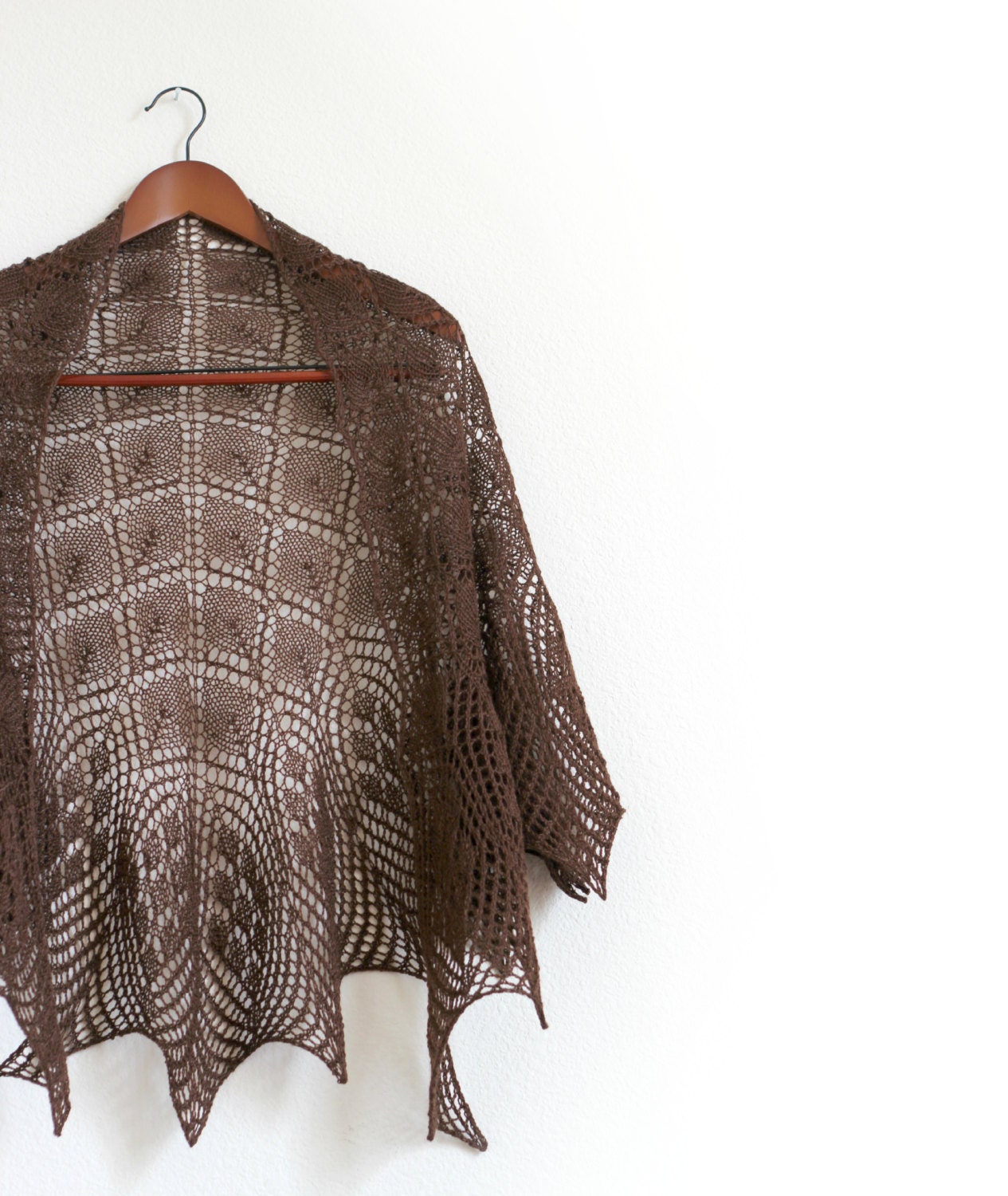 Hand knit shawl in chocolate brown coffee lace merino wool and tencel gift for her