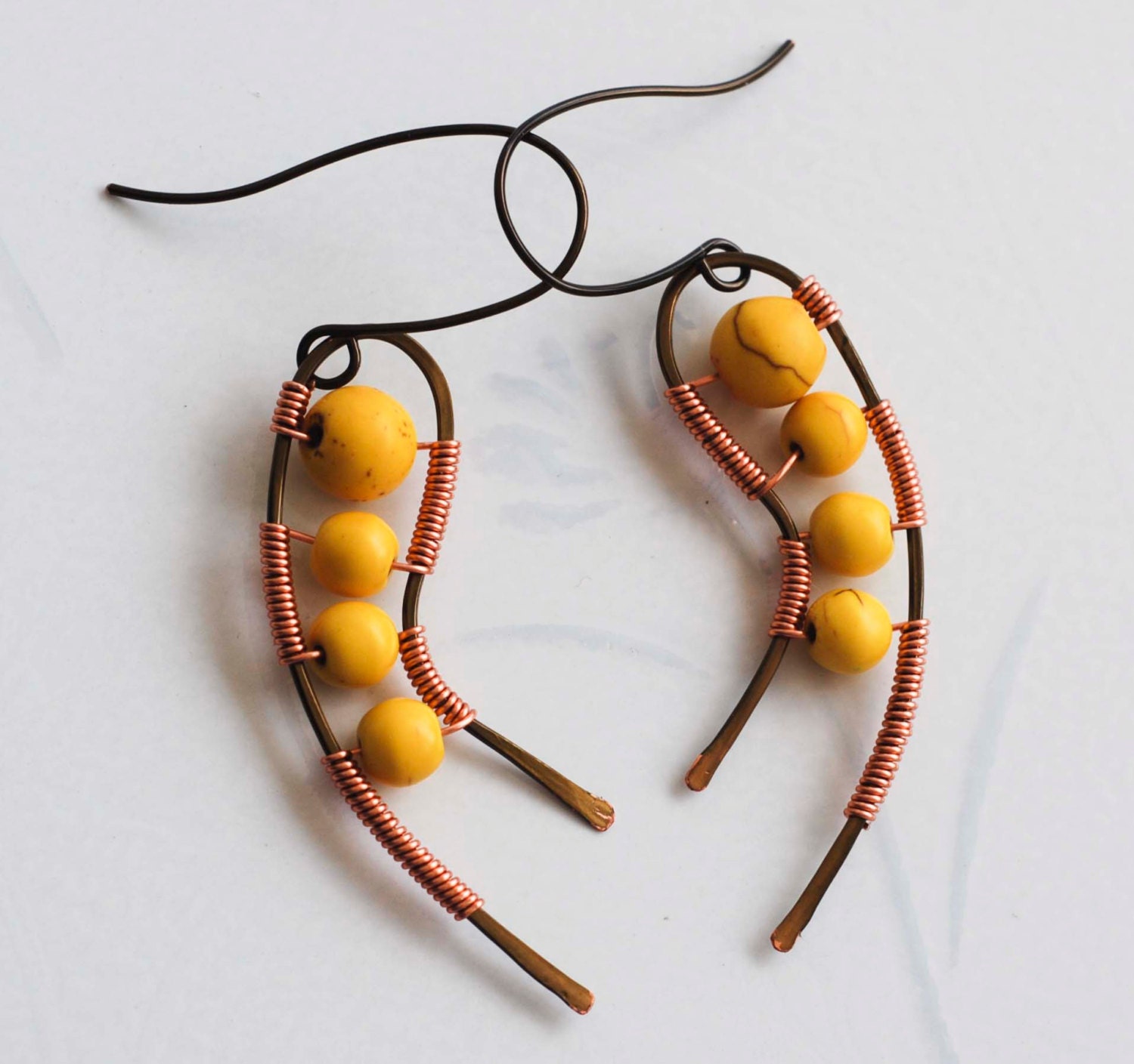 Yellow Magnesite Bead Copper Wire Wrap Antique Bronze Wire Unique Shape Earrings