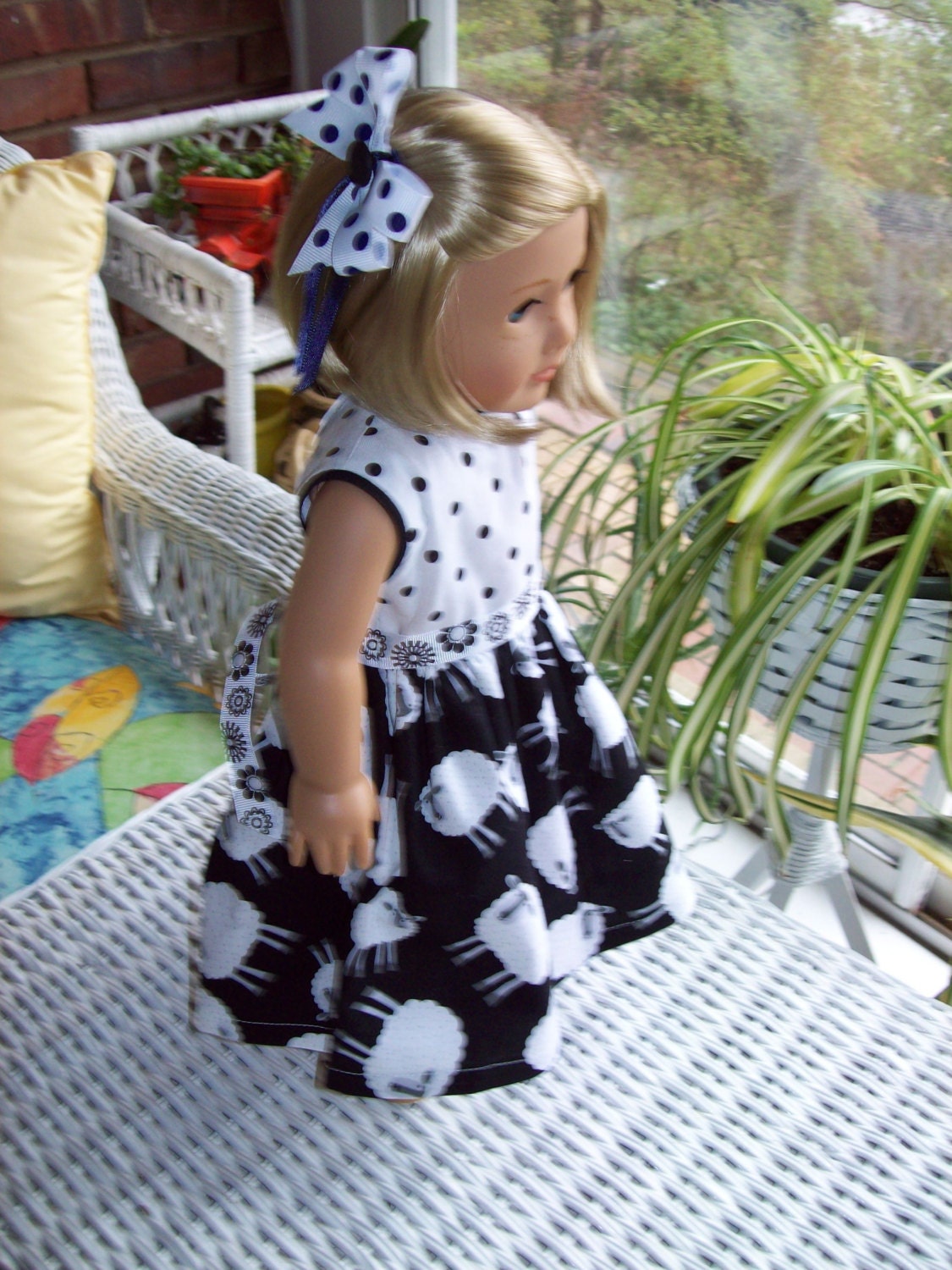 American Girl Doll Clothes  18 inch doll dress and hair clip  Black and white dots and little lambs