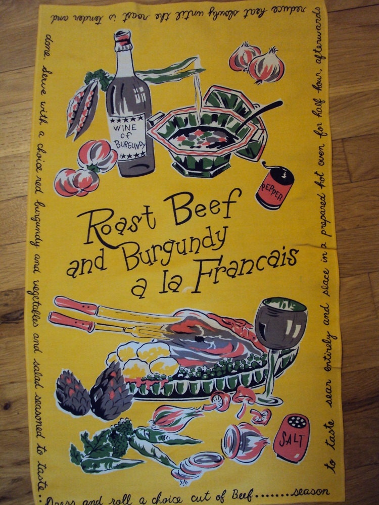 Vtg. Roast Beef & Burgundy a La Francais Vintage Tea Towel Unused