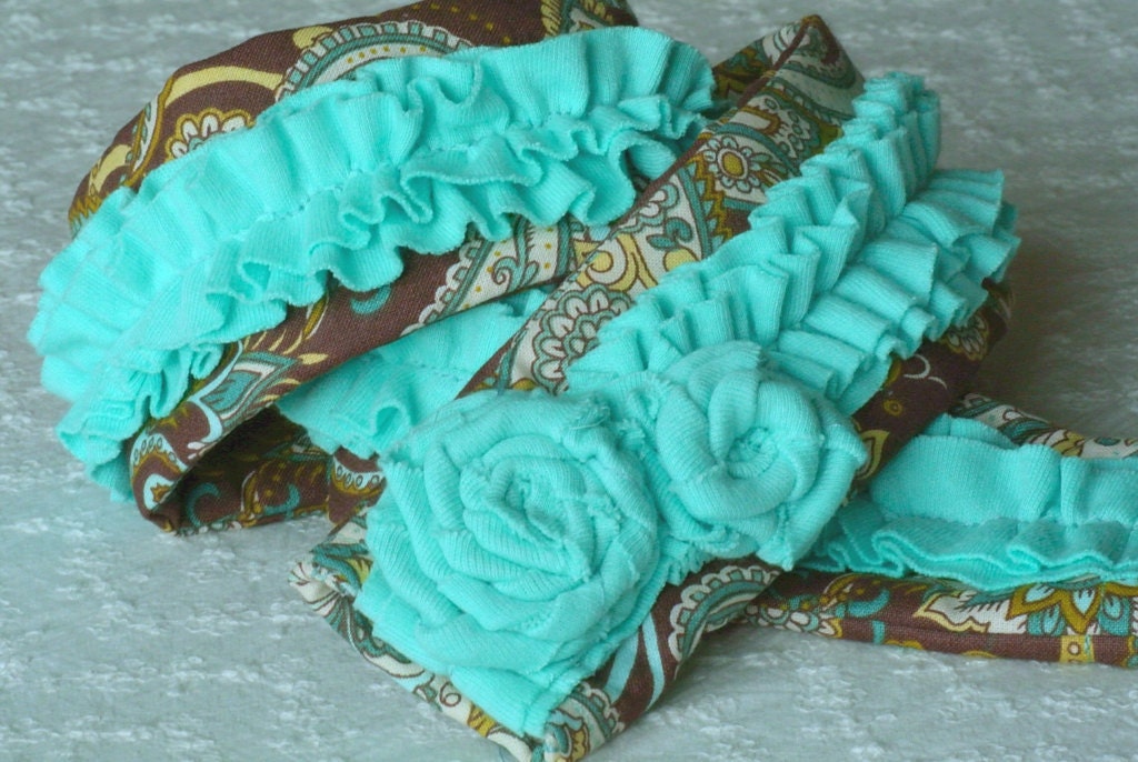 DSLR Camera Strap Cover Paisley with Aqua Ruffles and Rosettes